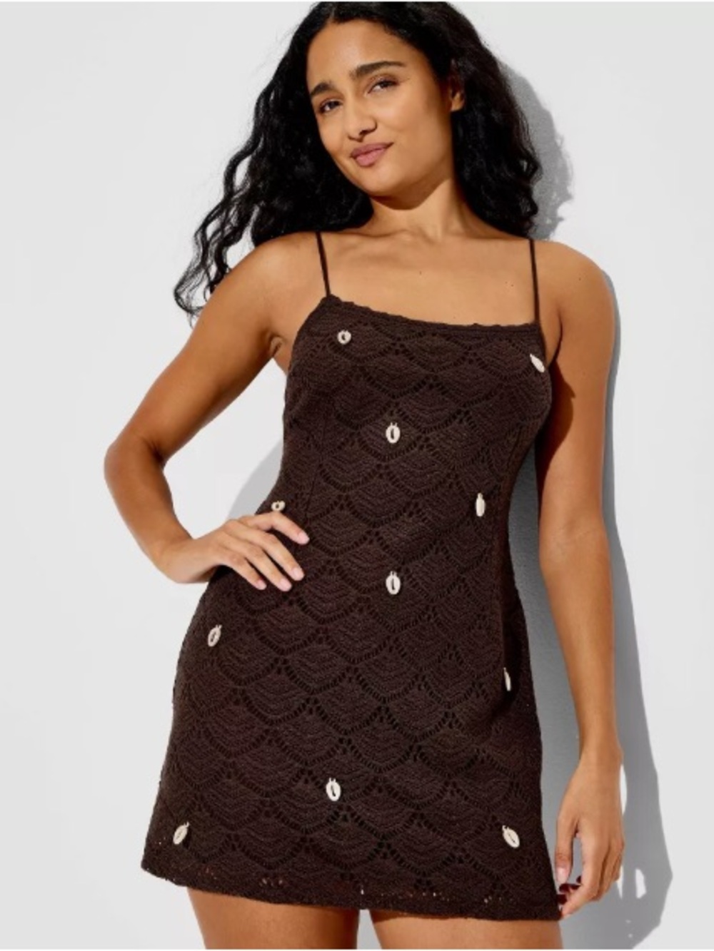 Brown Crochet Shell-Accent Slip Dress